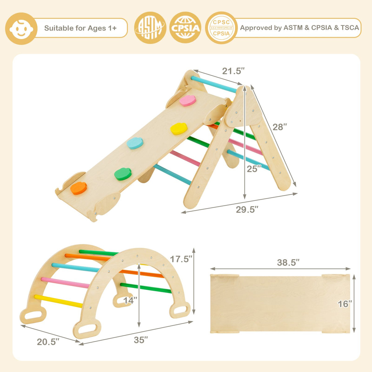 5-in-1 Wooden Kids Climber Toys with Triangle Arch Ramp-Multicolor view 3