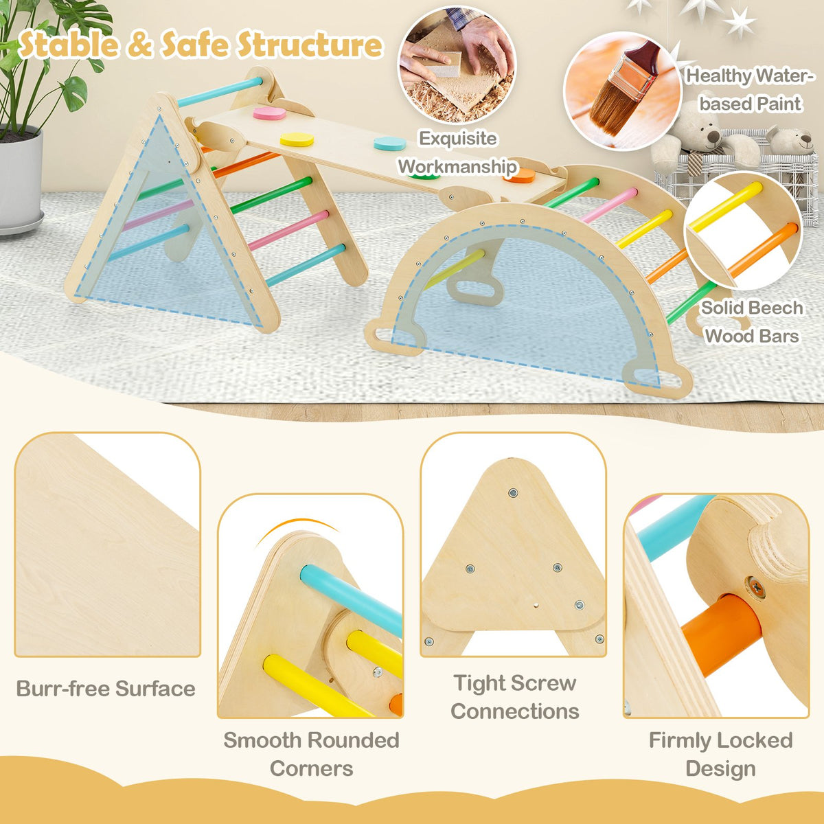 5-in-1 Wooden Kids Climber Toys with Triangle Arch Ramp-Multicolor view 6