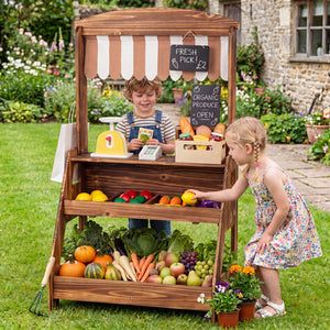 2-in-1 Wooden Mud Kitchen and Market Stand for Kids Outdoor with Planter Box and 2 Chalkboards-Brown view 2