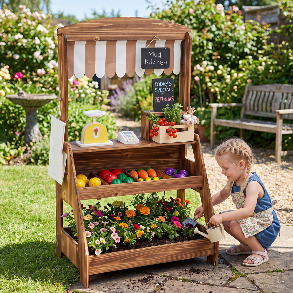 2-in-1 Wooden Mud Kitchen and Market Stand for Kids Outdoor with Planter Box and 2 Chalkboards-Brown view 3