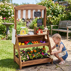 2-in-1 Wooden Mud Kitchen and Market Stand for Kids Outdoor with Planter Box and 2 Chalkboards-Brown view 3