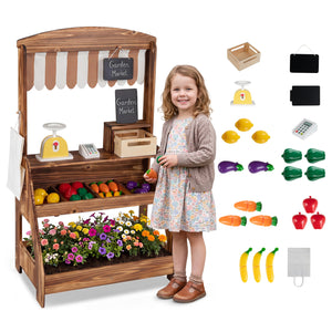 2-in-1 Wooden Mud Kitchen and Market Stand for Kids Outdoor with Planter Box and 2 Chalkboards-Brown view 4