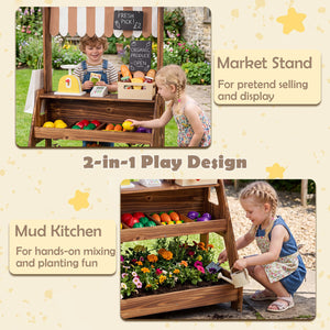 2-in-1 Wooden Mud Kitchen and Market Stand for Kids Outdoor with Planter Box and 2 Chalkboards-Brown view 6