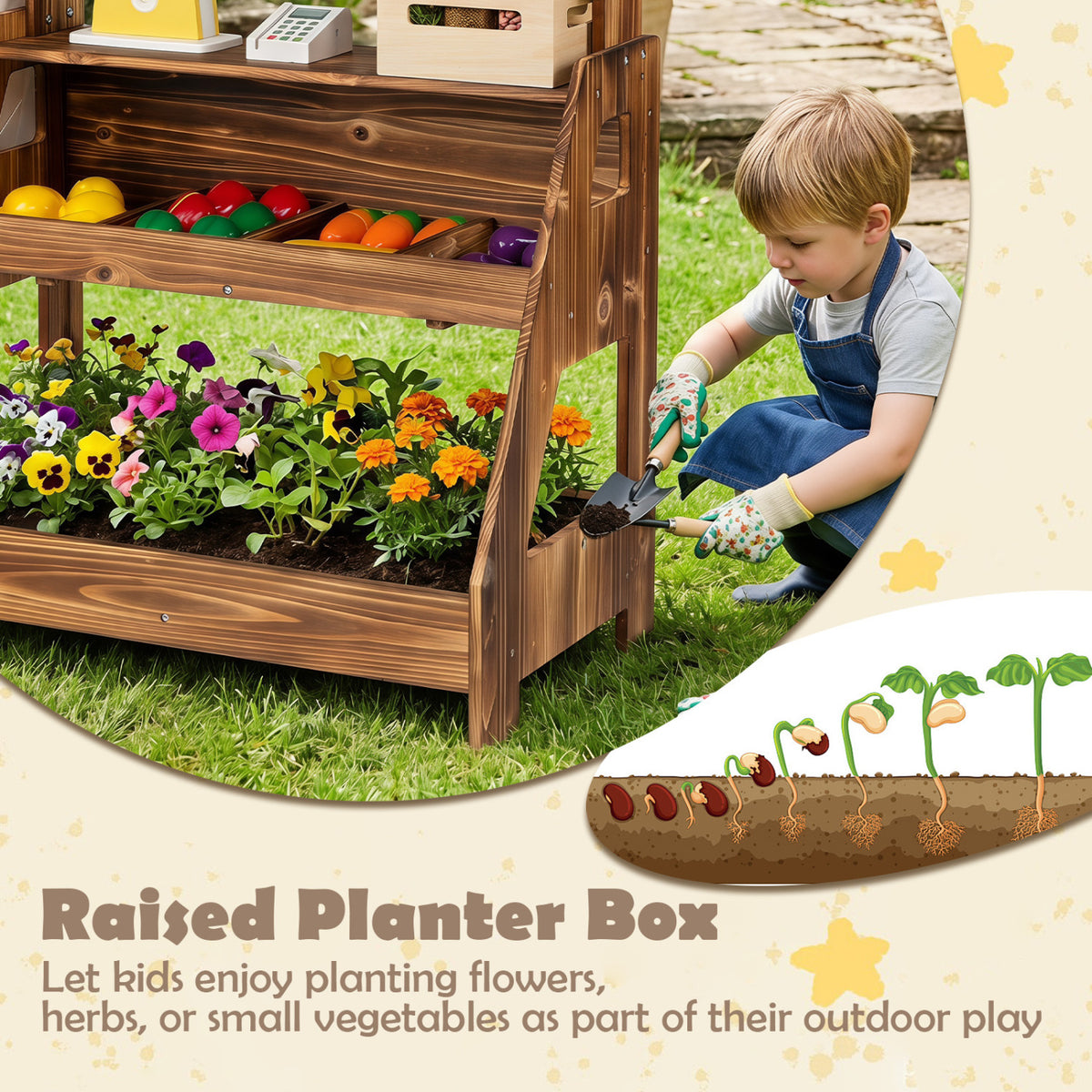 2-in-1 Wooden Mud Kitchen and Market Stand for Kids Outdoor with Planter Box and 2 Chalkboards-Brown view 7