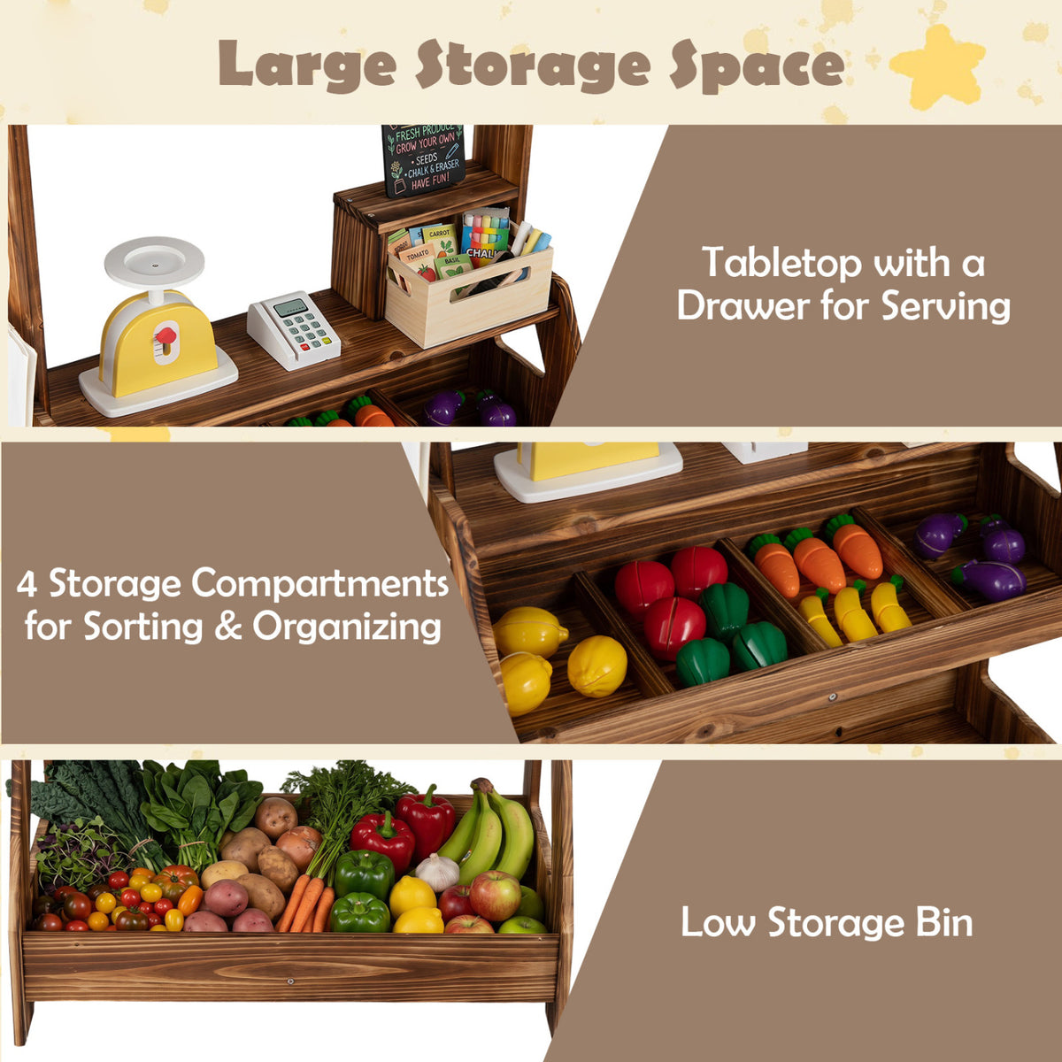 2-in-1 Wooden Mud Kitchen and Market Stand for Kids Outdoor with Planter Box and 2 Chalkboards-Brown view 8
