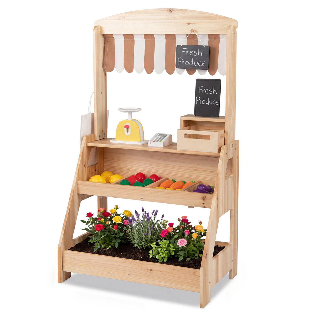 2-in-1 Wooden Mud Kitchen and Market Stand for Kids Outdoor with Planter Box and 2 Chalkboards-Natrual