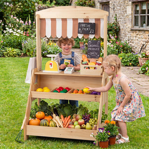 2-in-1 Wooden Mud Kitchen and Market Stand for Kids Outdoor with Planter Box and 2 Chalkboards-Natrual view 2