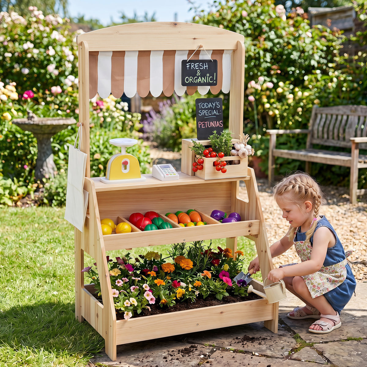 2-in-1 Wooden Mud Kitchen and Market Stand for Kids Outdoor with Planter Box and 2 Chalkboards-Natrual view 3