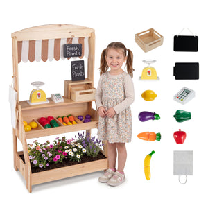 2-in-1 Wooden Mud Kitchen and Market Stand for Kids Outdoor with Planter Box and 2 Chalkboards-Natrual view 4