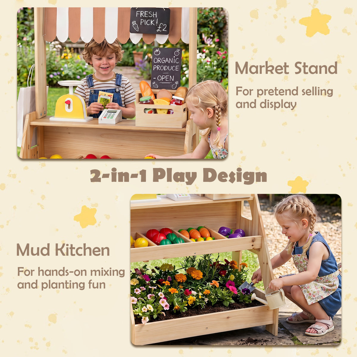 2-in-1 Wooden Mud Kitchen and Market Stand for Kids Outdoor with Planter Box and 2 Chalkboards-Natrual view 6