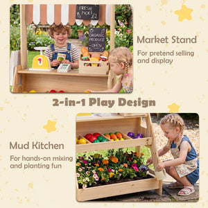 2-in-1 Wooden Mud Kitchen and Market Stand for Kids Outdoor with Planter Box and 2 Chalkboards-Natrual view 6