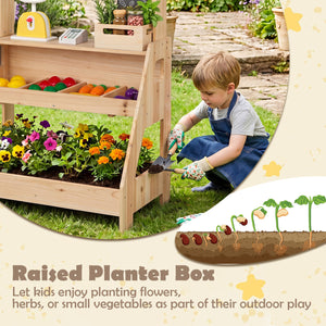2-in-1 Wooden Mud Kitchen and Market Stand for Kids Outdoor with Planter Box and 2 Chalkboards-Natrual view 7