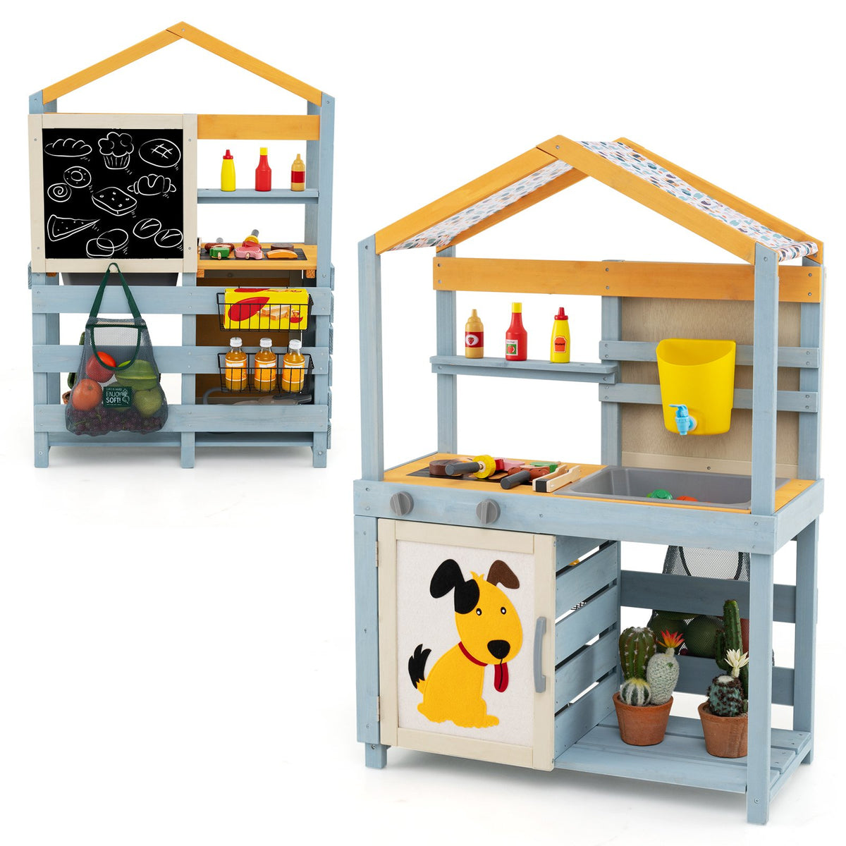 2 in 1 Wooden Mud Kitchen with Removable Water Box, and Storage Bag-Gray