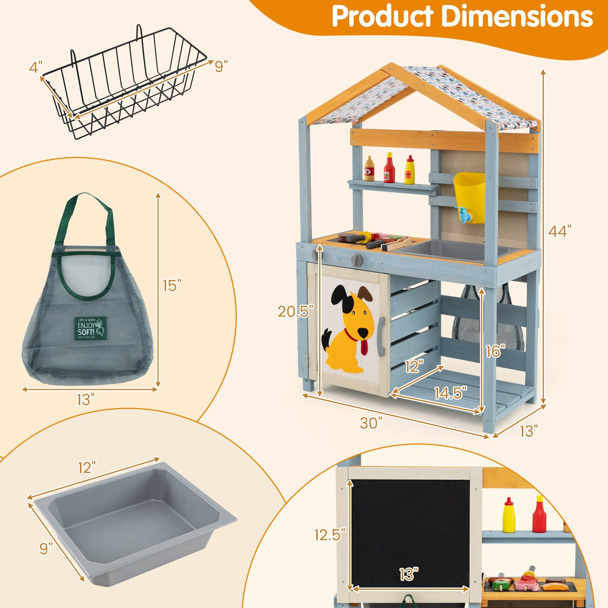 2 in 1 Wooden Mud Kitchen with Removable Water Box, and Storage Bag-Gray view 4