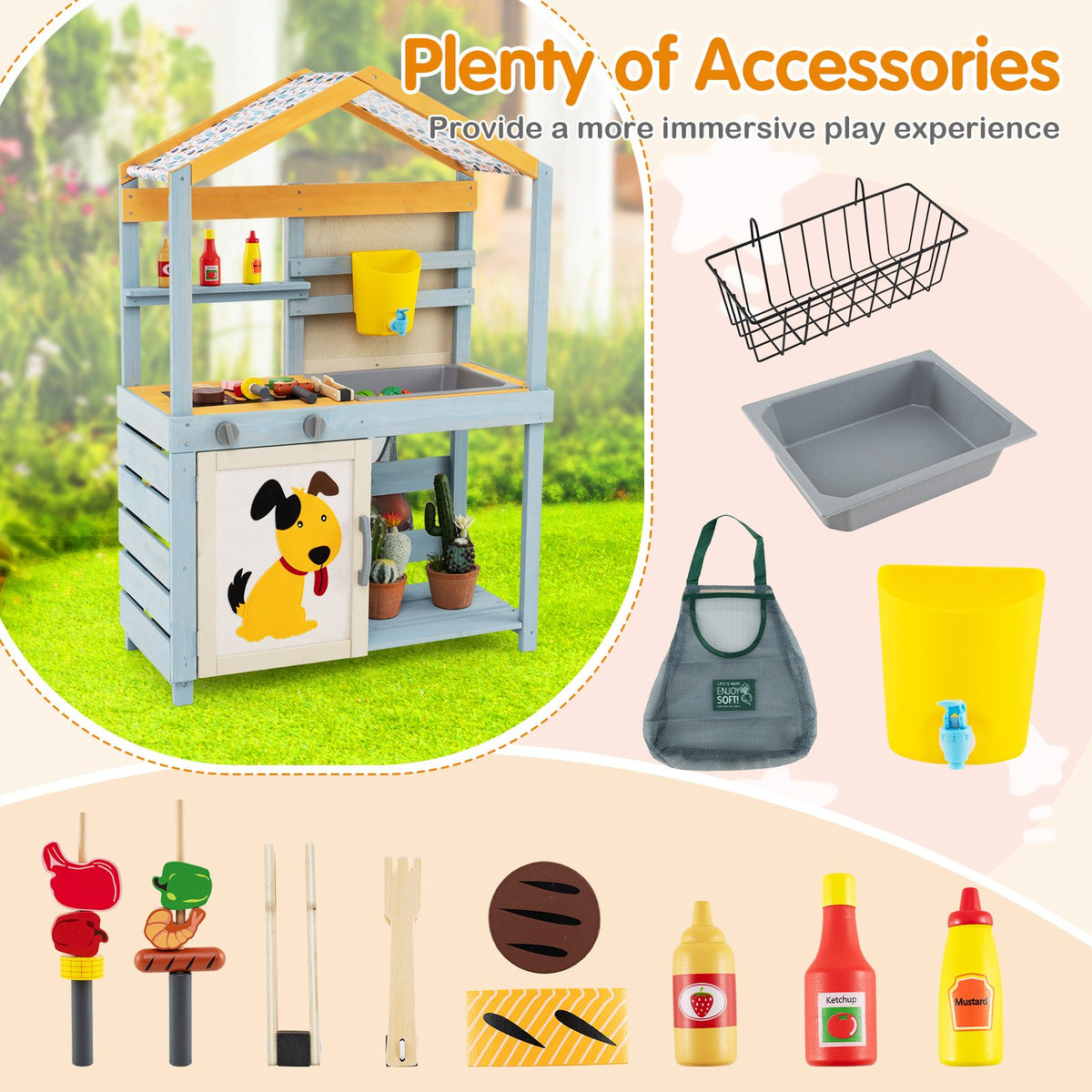 2 in 1 Wooden Mud Kitchen with Removable Water Box, and Storage Bag-Gray view 9