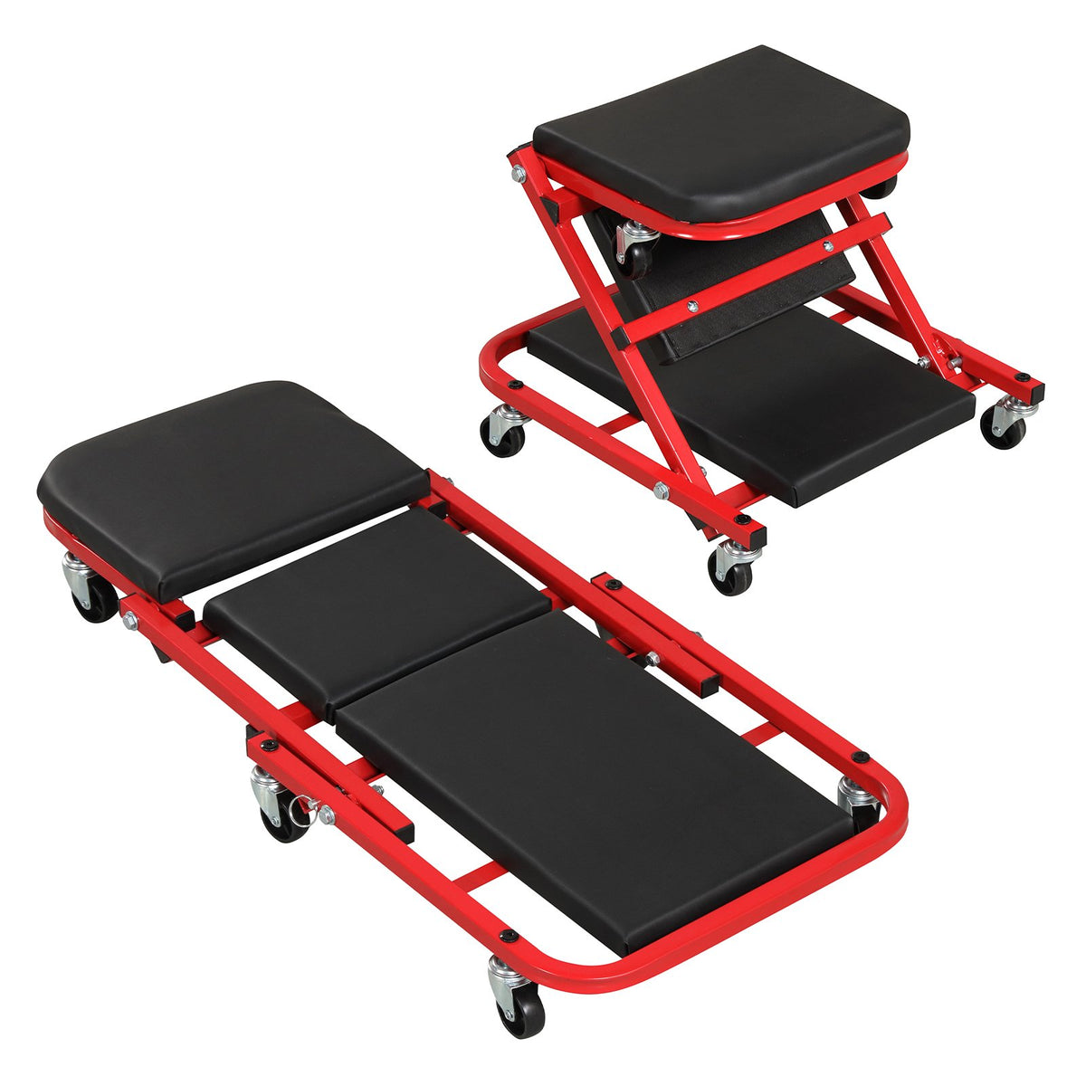 2-in-1 Z-Shaped Rolling Garage Stool 36 inches Folding Flat Automotive Creeper-Red