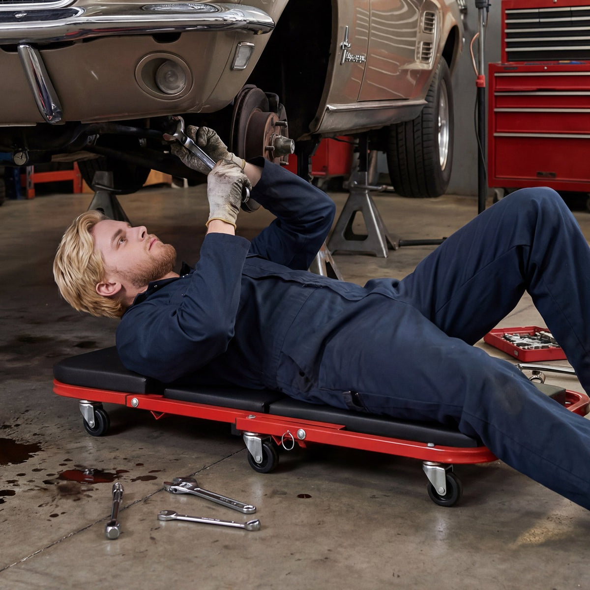 2-in-1 Z-Shaped Rolling Garage Stool 36 inches Folding Flat Automotive Creeper-Red view 2