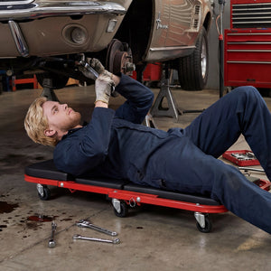 2-in-1 Z-Shaped Rolling Garage Stool 36 inches Folding Flat Automotive Creeper-Red view 2