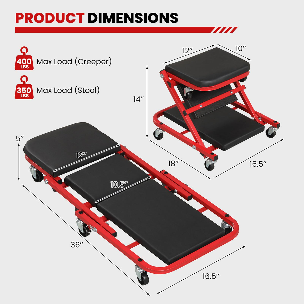 2-in-1 Z-Shaped Rolling Garage Stool 36 inches Folding Flat Automotive Creeper-Red view 5