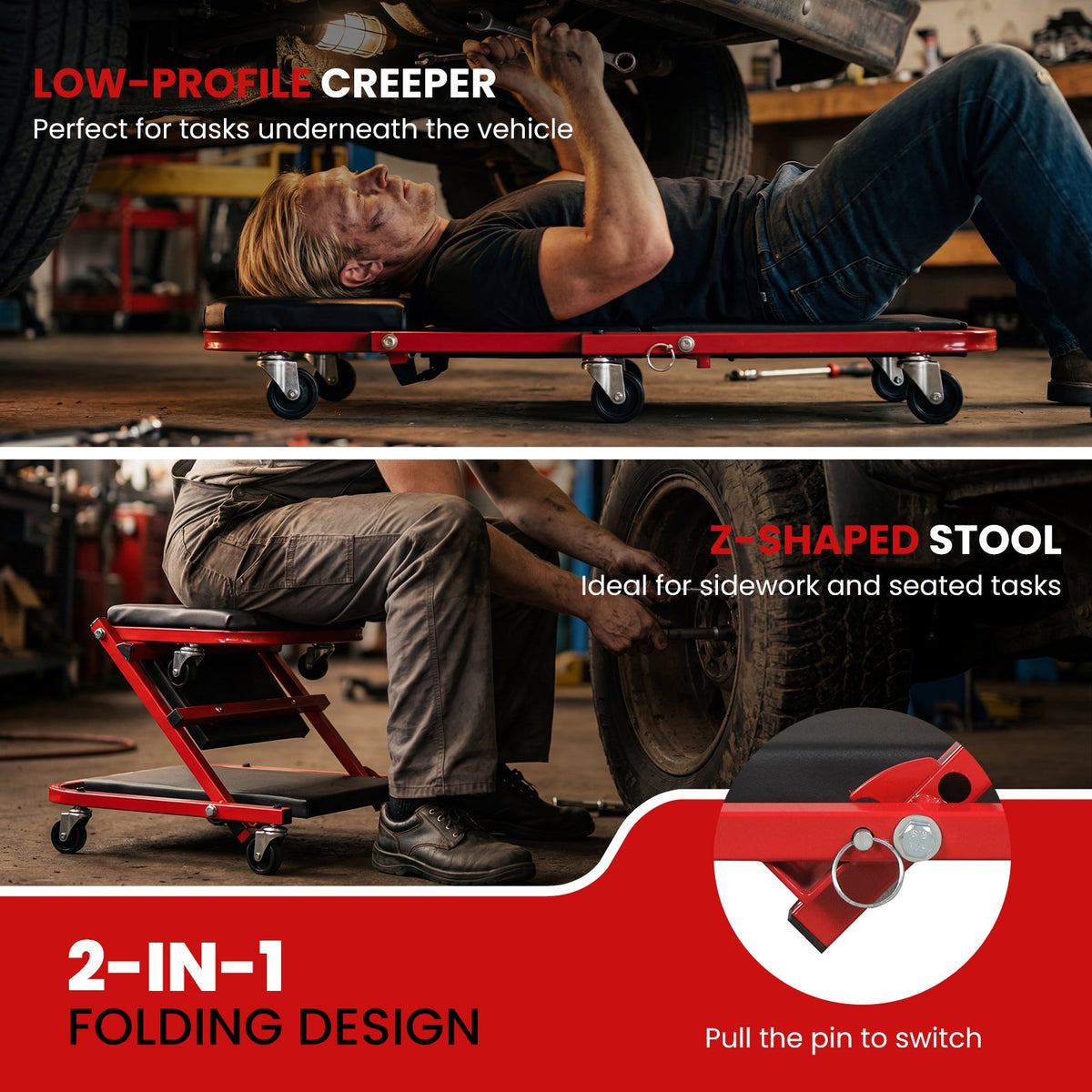 2-in-1 Z-Shaped Rolling Garage Stool 36 inches Folding Flat Automotive Creeper-Red view 7