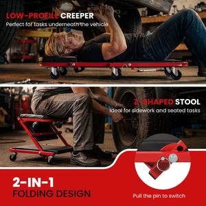 2-in-1 Z-Shaped Rolling Garage Stool 36 inches Folding Flat Automotive Creeper-Red view 7