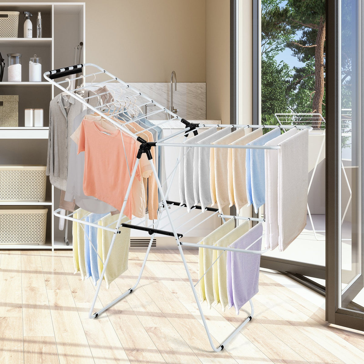 2-Tier Foldable Clothes Drying Rack with Adjustable Gullwing view 2