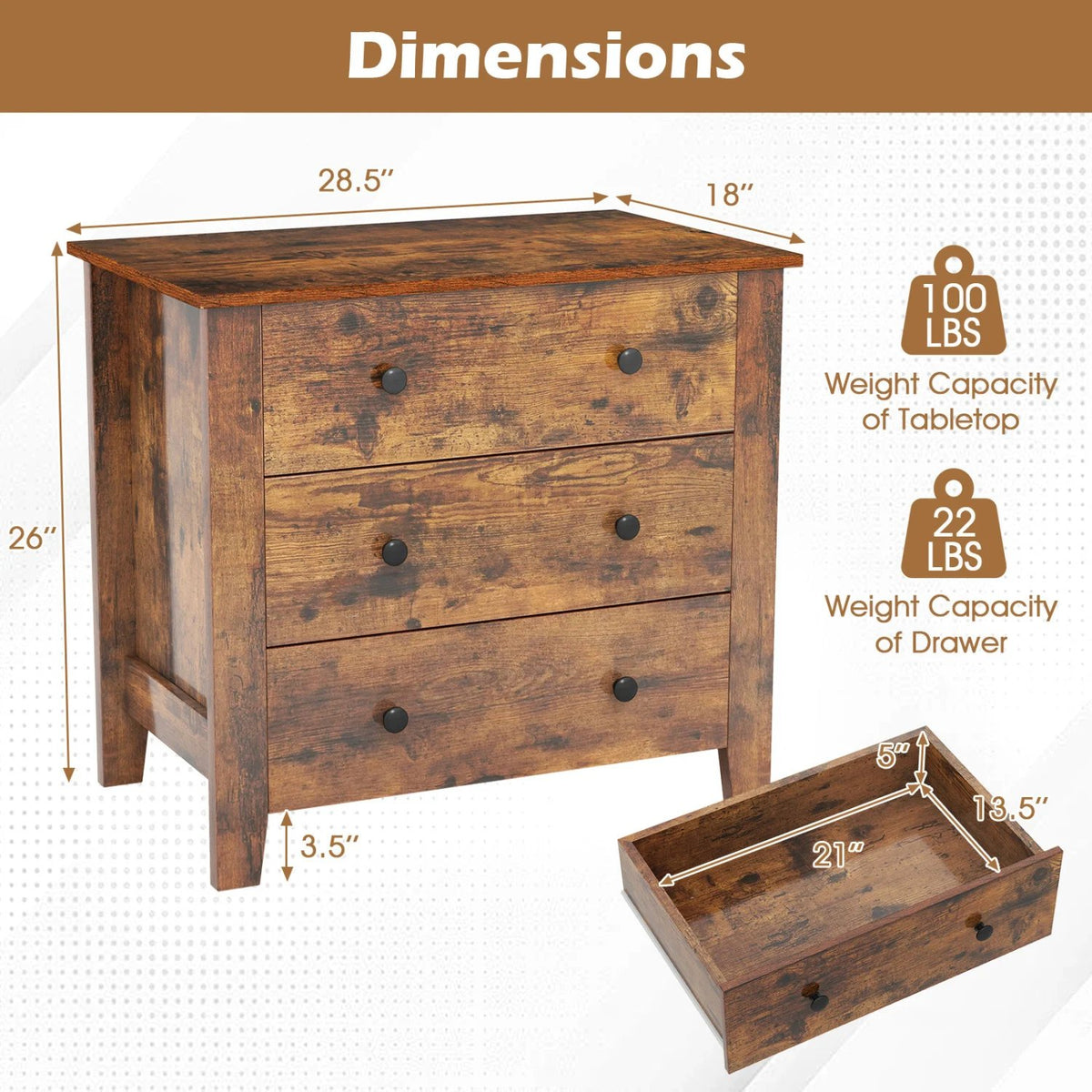 2-Pack 3 Drawer Dresser Chest of Drawers Bedside Table-Brown view 3