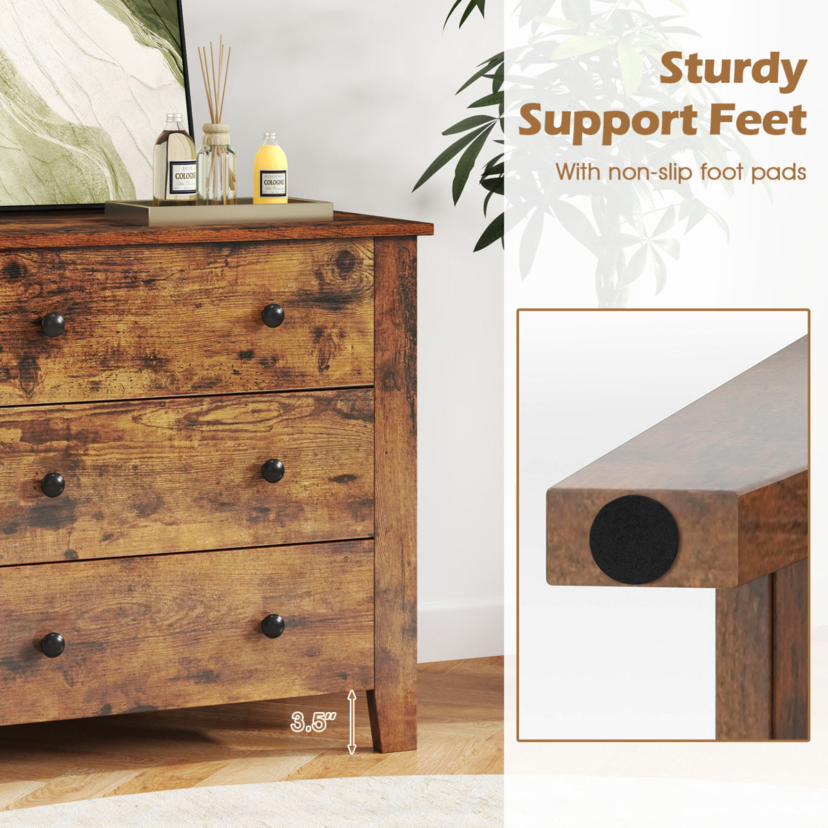 2-Pack 3 Drawer Dresser Chest of Drawers Bedside Table-Brown view 5
