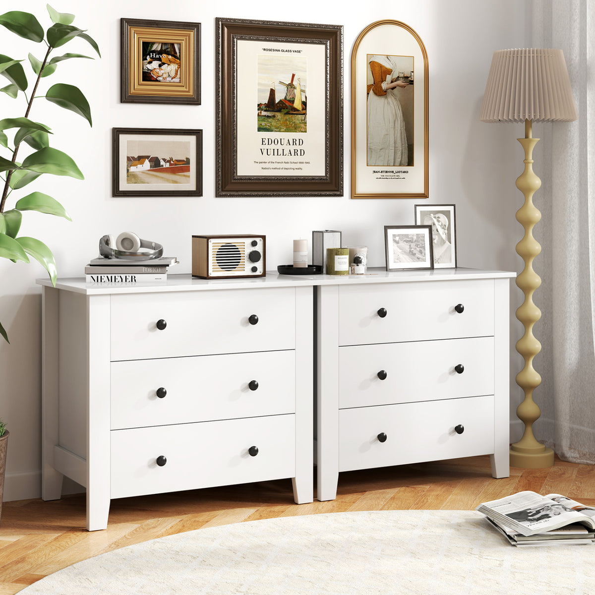 2-Pack 3 Drawer Dresser Chest of Drawers Bedside Table-White view 2