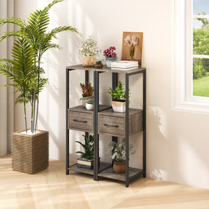 2 Pack 3 Tier Tall Metal Plant Stand with Drawer and Display Shelf-Gray view 2