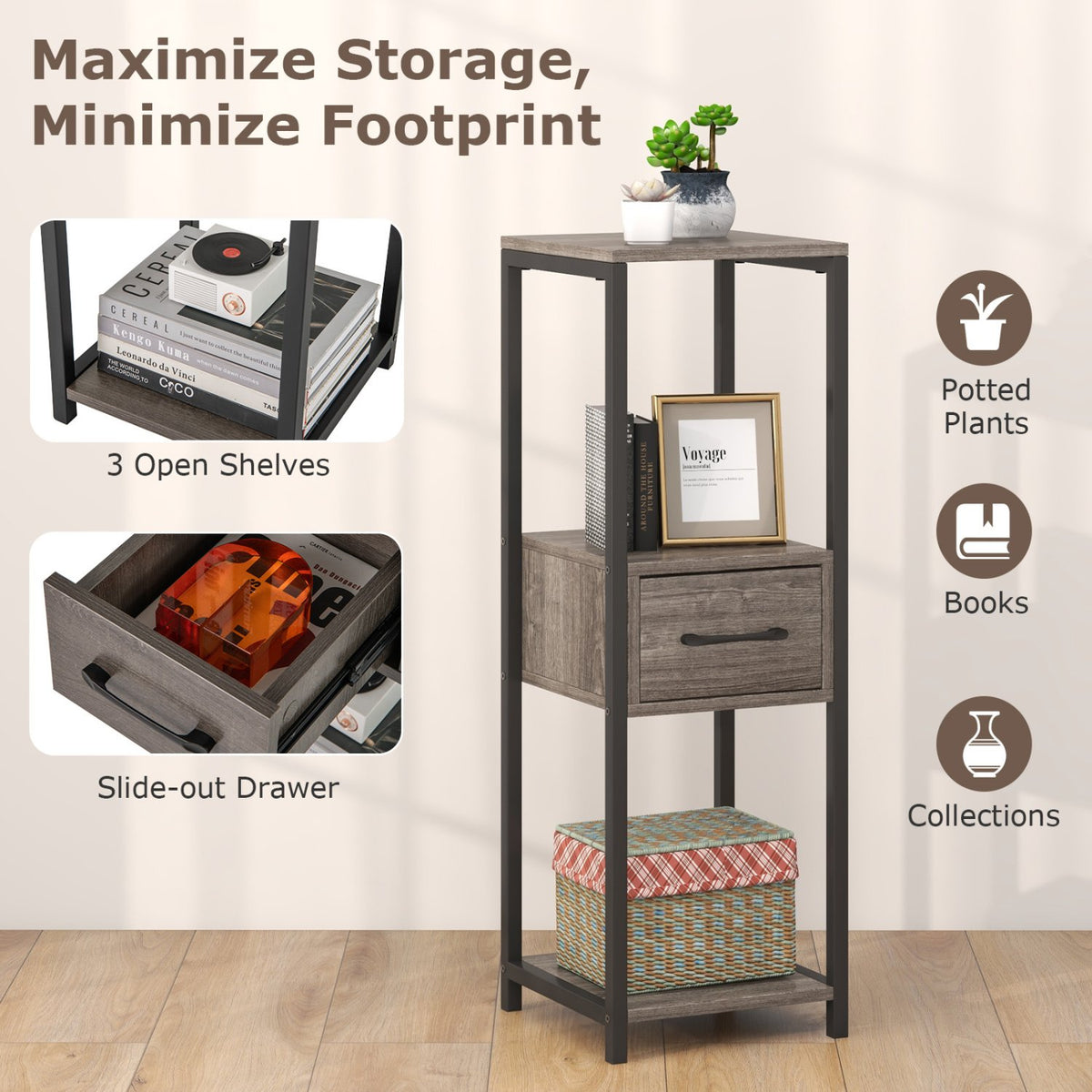2 Pack 3 Tier Tall Metal Plant Stand with Drawer and Display Shelf-Gray view 6