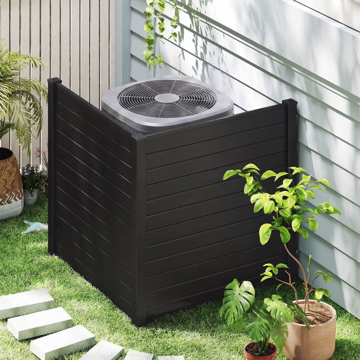 Freestanding 48 x 48 Inch Air Conditioner Fence with Metal Ground Stakes-Black view 2