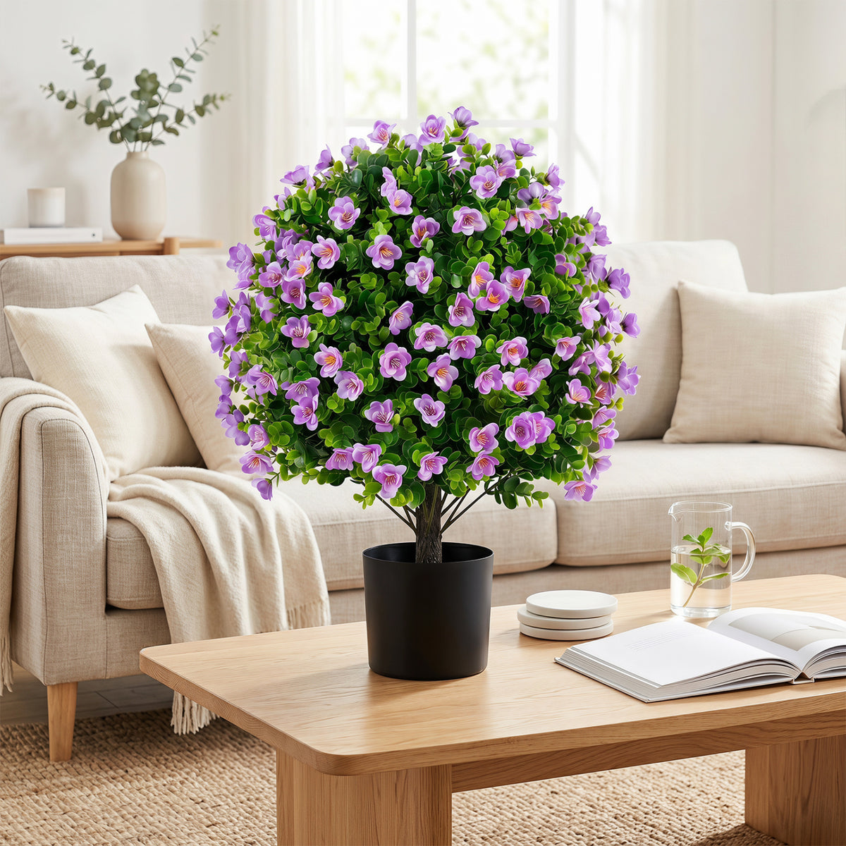 2 Pack Artificial Eucalyptus Topiary Trees with Flowers and Cement Planter for Home-Purple view 3