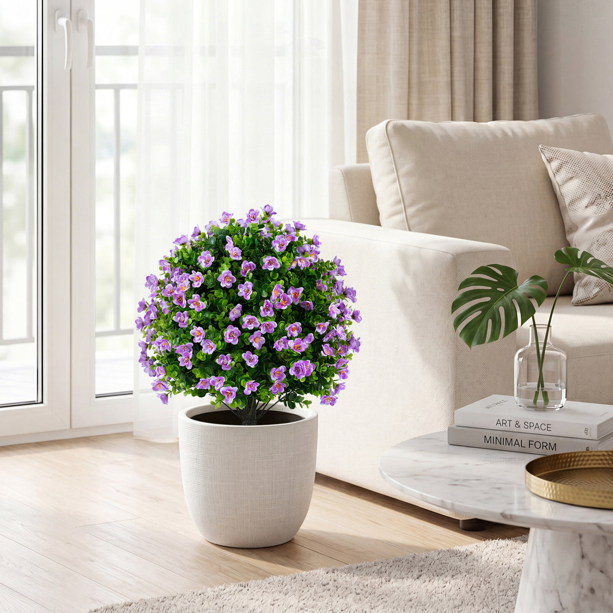 2 Pack Artificial Eucalyptus Topiary Trees with Flowers and Cement Planter for Home-Purple view 5