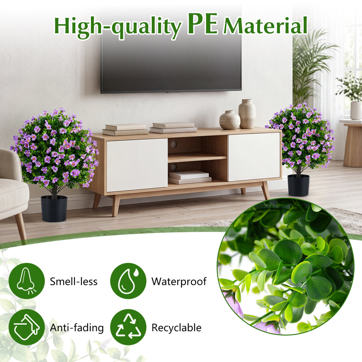2 Pack Artificial Eucalyptus Topiary Trees with Flowers and Cement Planter for Home-Purple view 8