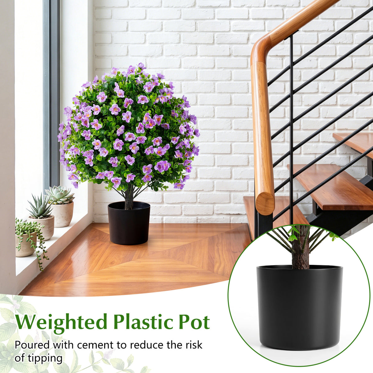 2 Pack Artificial Eucalyptus Topiary Trees with Flowers and Cement Planter for Home-Purple view 9