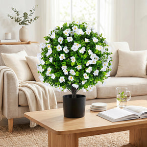2 Pack Artificial Eucalyptus Topiary Trees with Flowers and Cement Planter for Home-White view 3