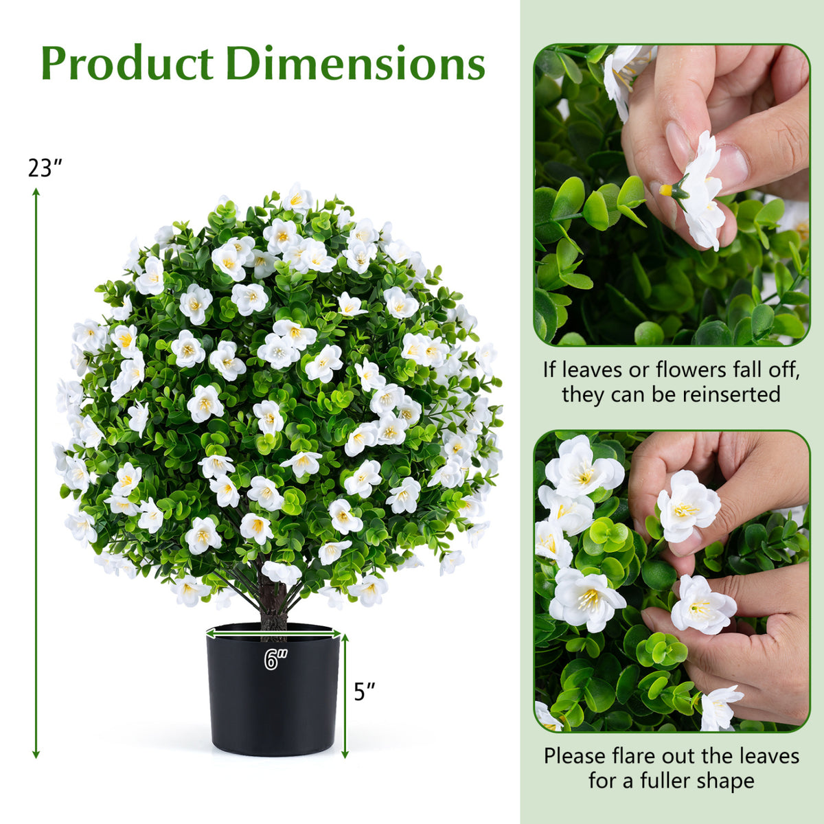 2 Pack Artificial Eucalyptus Topiary Trees with Flowers and Cement Planter for Home-White view 4