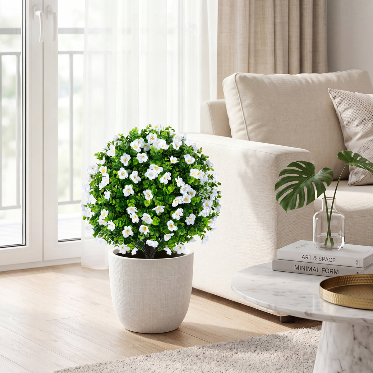 2 Pack Artificial Eucalyptus Topiary Trees with Flowers and Cement Planter for Home-White view 5