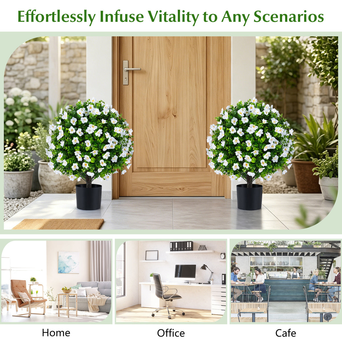 2 Pack Artificial Eucalyptus Topiary Trees with Flowers and Cement Planter for Home-White view 6
