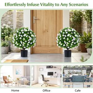 2 Pack Artificial Eucalyptus Topiary Trees with Flowers and Cement Planter for Home-White view 6