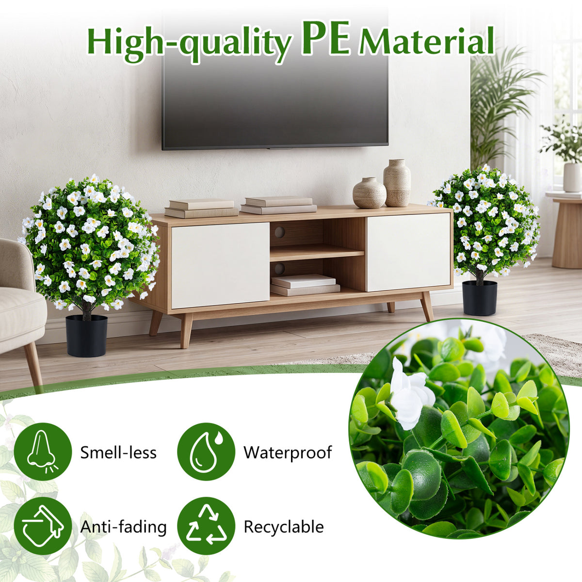 2 Pack Artificial Eucalyptus Topiary Trees with Flowers and Cement Planter for Home-White view 8
