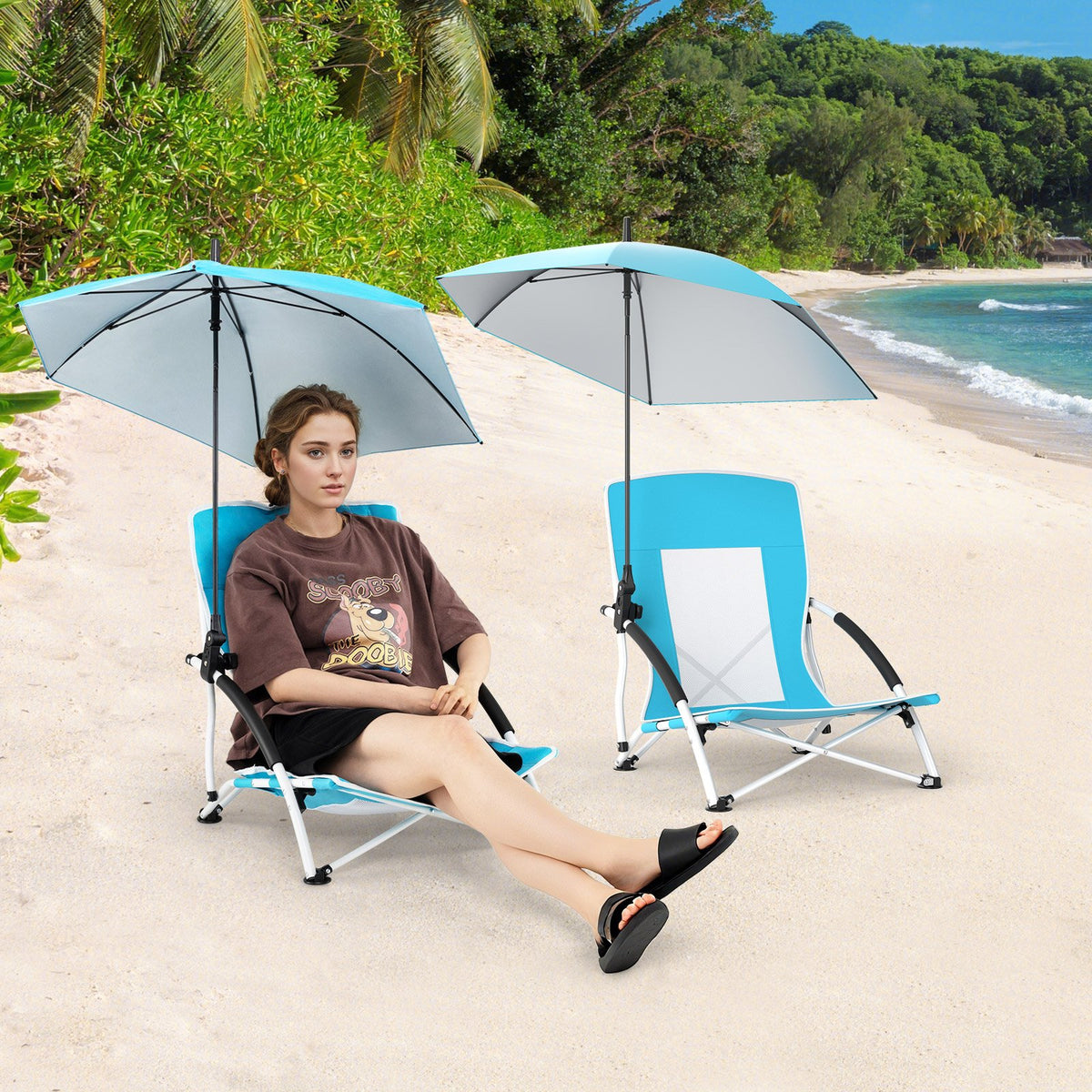 2 Pack Beach Umbrella Chair for Adults with Adjustable Parasol-Blue view 3