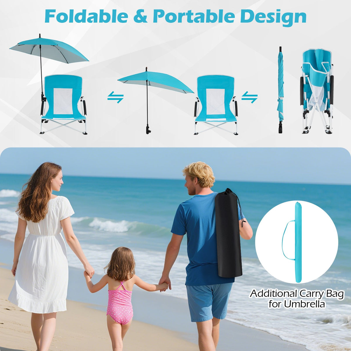 2 Pack Beach Umbrella Chair for Adults with Adjustable Parasol-Blue view 7