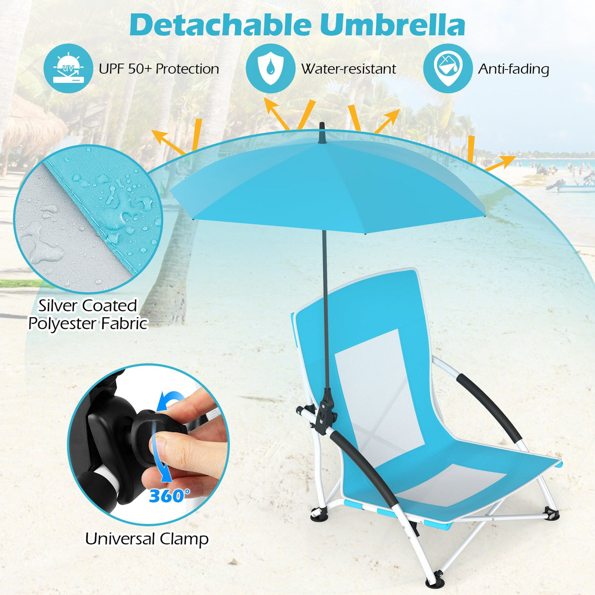 2 Pack Beach Umbrella Chair for Adults with Adjustable Parasol-Blue view 8