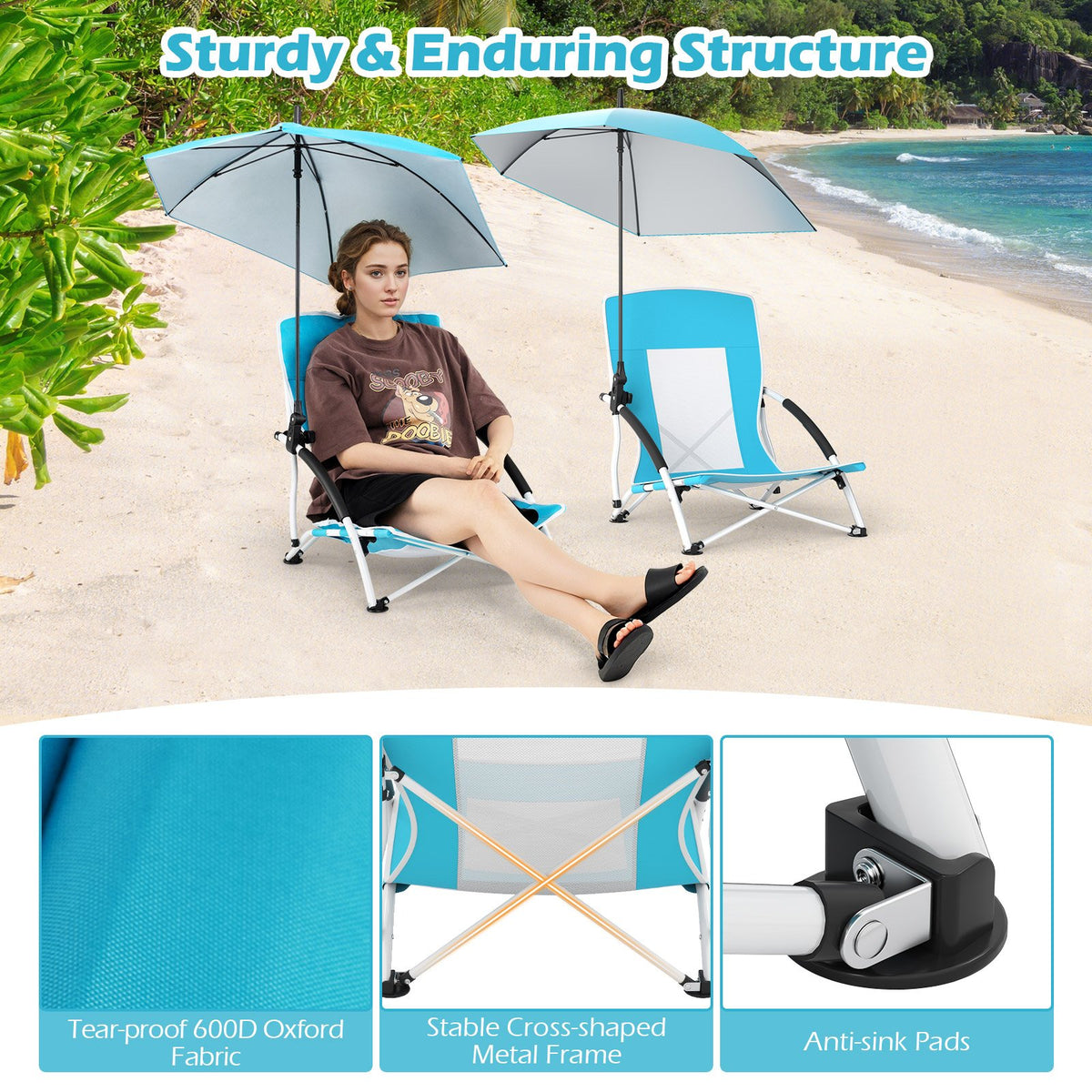 2 Pack Beach Umbrella Chair for Adults with Adjustable Parasol-Blue view 9