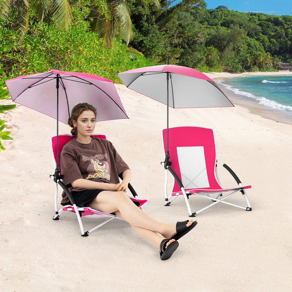 2 Pack Beach Umbrella Chair for Adults with Adjustable Parasol-Pink view 2