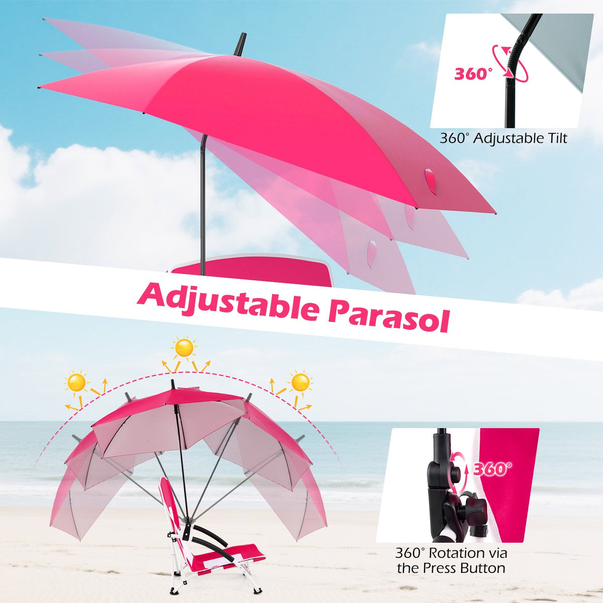 2 Pack Beach Umbrella Chair for Adults with Adjustable Parasol-Pink view 5