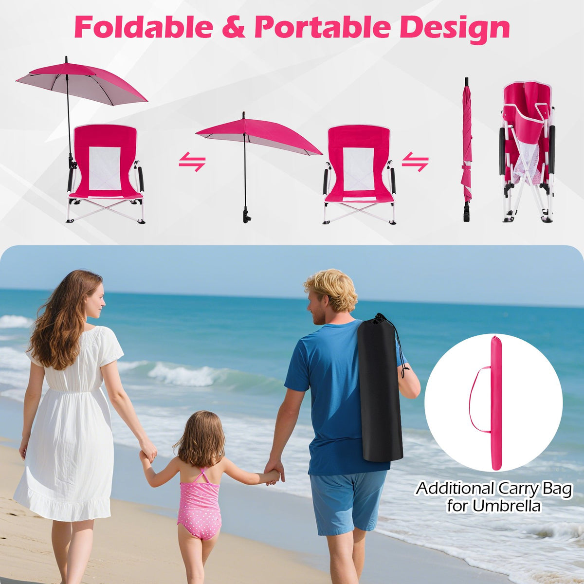 2 Pack Beach Umbrella Chair for Adults with Adjustable Parasol-Pink view 6
