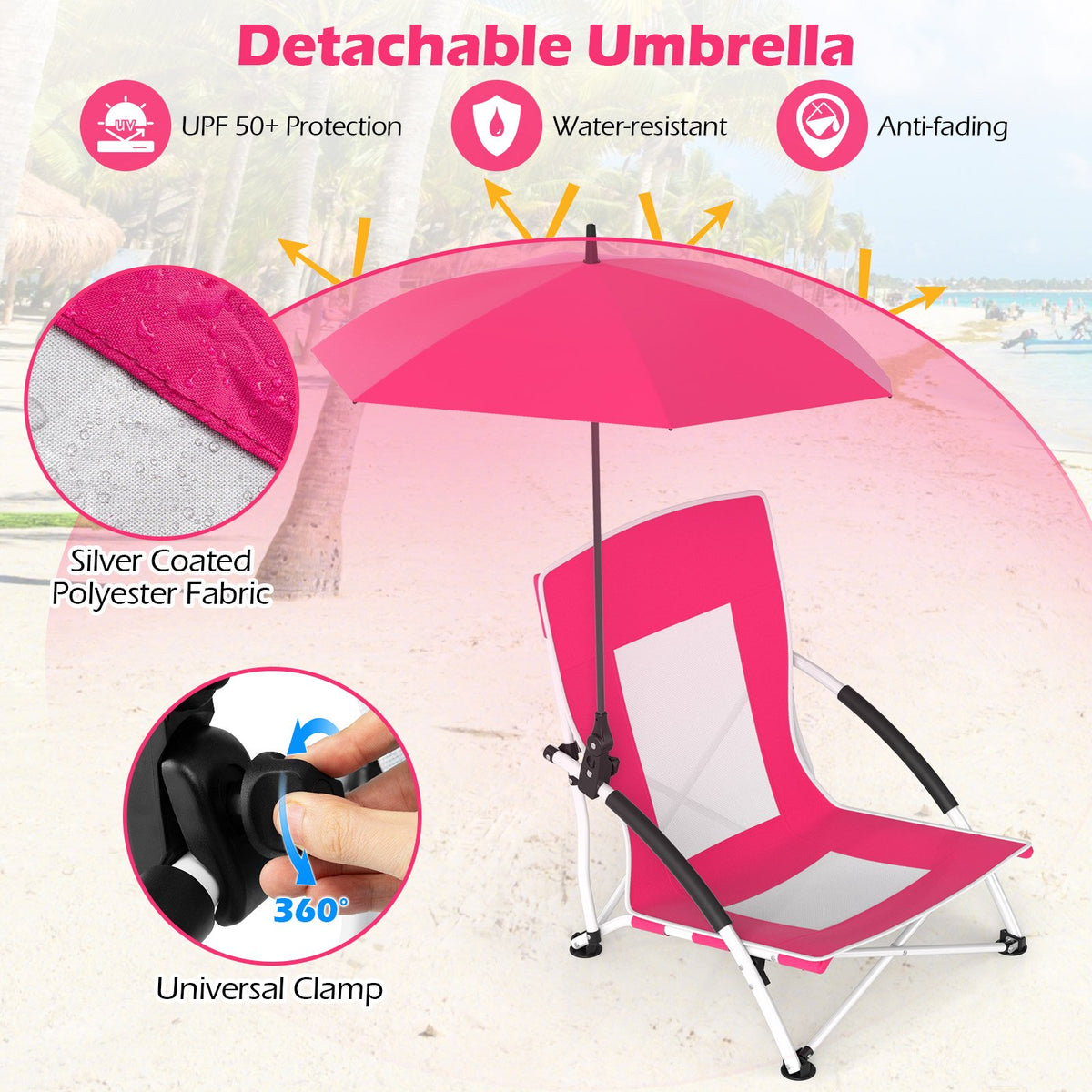 2 Pack Beach Umbrella Chair for Adults with Adjustable Parasol-Pink view 7